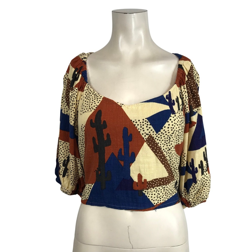 Boho Desert Print Crop Top in Cream, Rust & Navy
